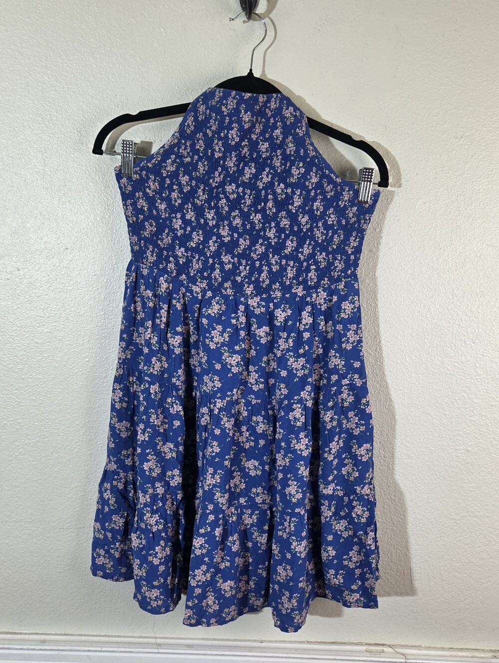 American Eagle Smocked Halter Dress M Blue Floral Mini Tiered Boho Summer